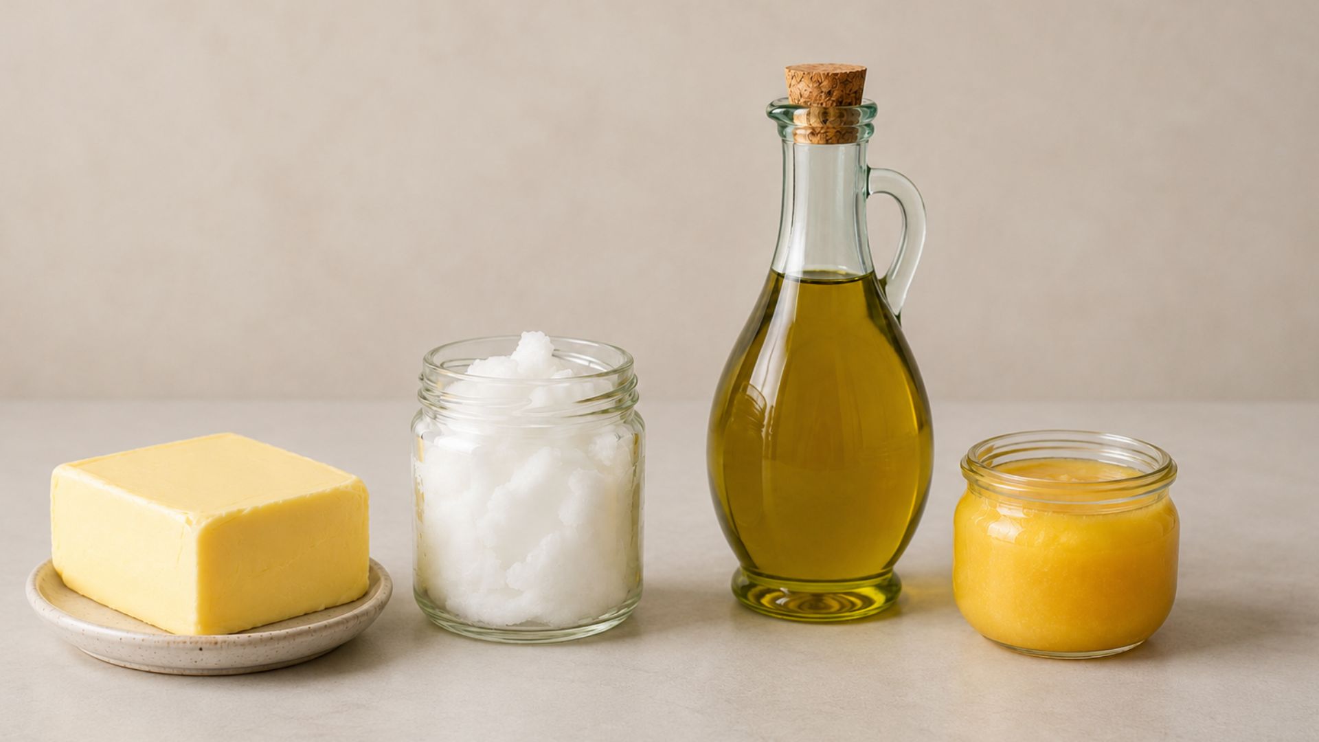 afbeelding van gezonde keto vetten zoals boter, olijfolie, ghee en kokosolie