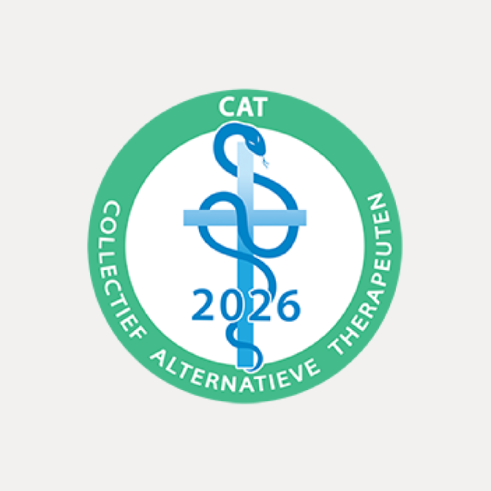 Logo van het Collectief Alternatieve Therapeuten (CAT) voor 2026, met een afbeelding van een caduceus en de tekst 'CAT 2026'.