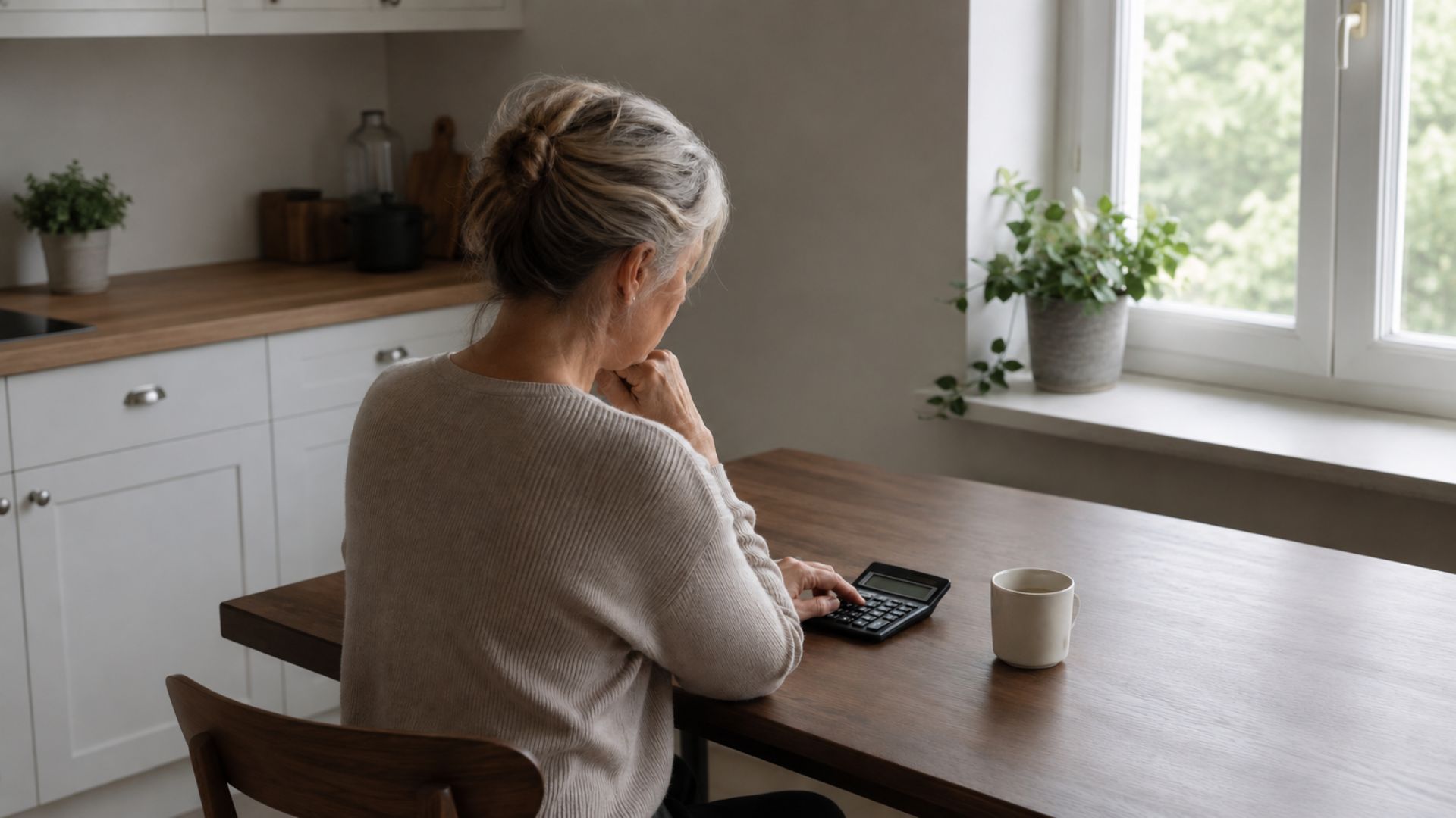 vrouw in de overgang aan tafel die probeert een keto macro berekening te maken