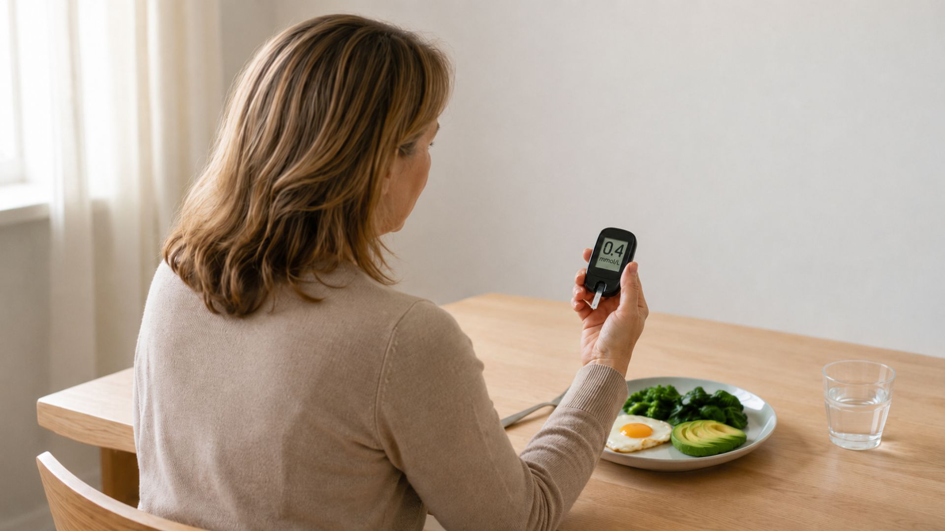 vrouw in de overgang met een ketonenmeter, zich afvragend waarom ze niet in ketose komt